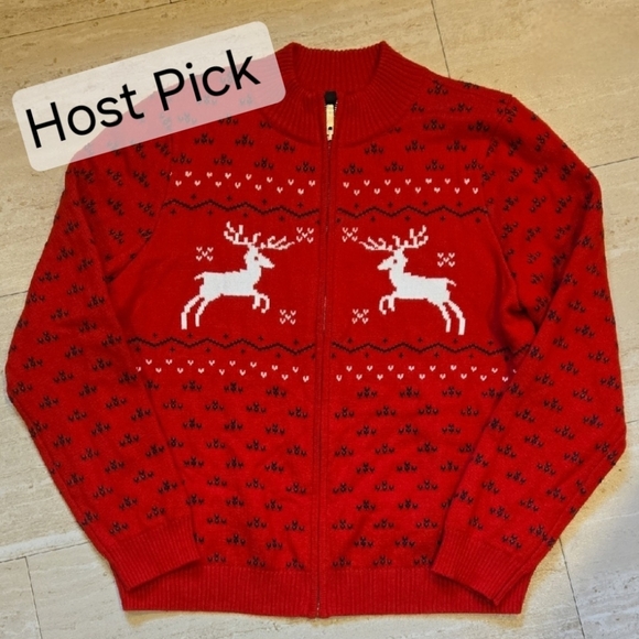 Talbots Sweaters - Talbot's Full Zipper Festive Red Nordic Deer Fair Isle Knit Cardigan Sweater